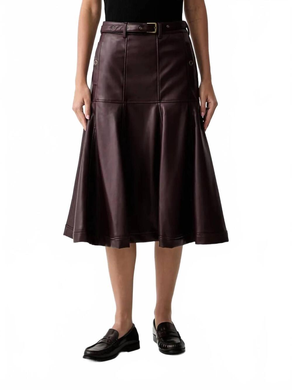 NEW SILVIAN HEACH elodie belted faux leather midi skirt in chocolate brown